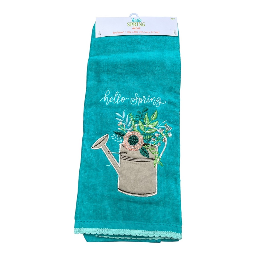 Hello Spring Hand Towel Unisex OS Teal Brand New Embroidered Watering Can Floral
